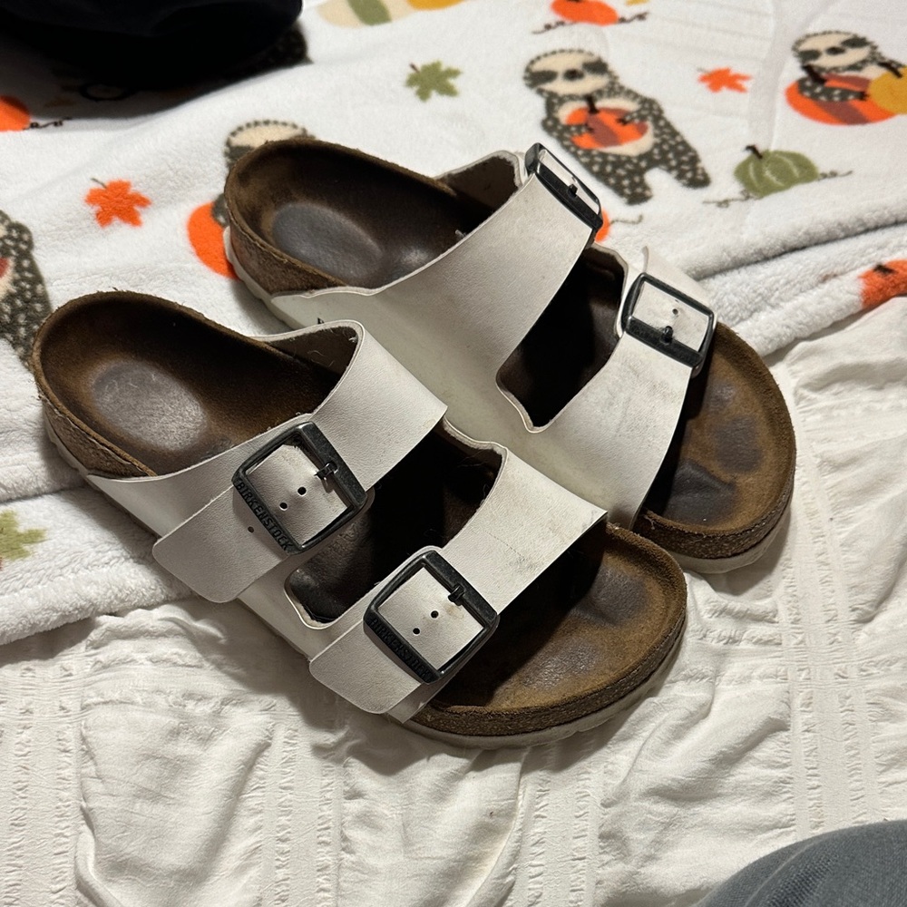 Birkenstock White Sandals with Black Buckles